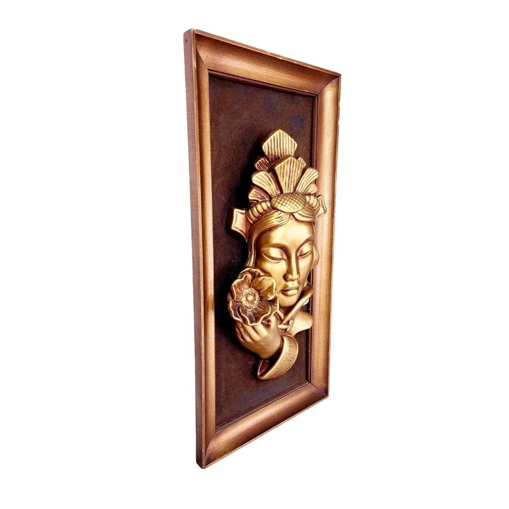 Vintage 50s 60s MCM 3D Gold Chinese Girl Lotus Flower Tretchikoff Green Girl Art